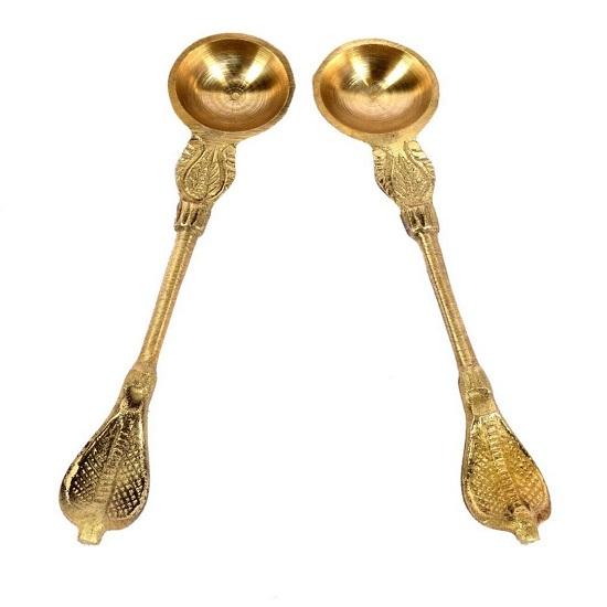 Indian Traditional Handmade Brass Charnamrit & Hawan Spoon For Pooja Set Of 2