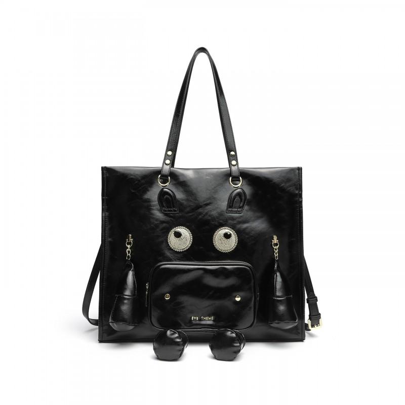 Large Capacity Oil Wax PU Leather Tote Bag - Casual Ladies Shoulder With Cartoon Pocket