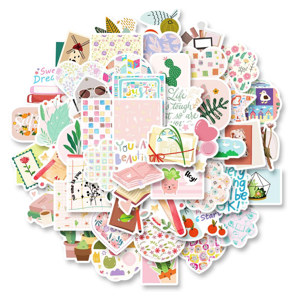 50 Small Fresh Graffiti Decorative Stickers for Girls Pink Flowers and Plants Without Repeating Waterproof Stickers