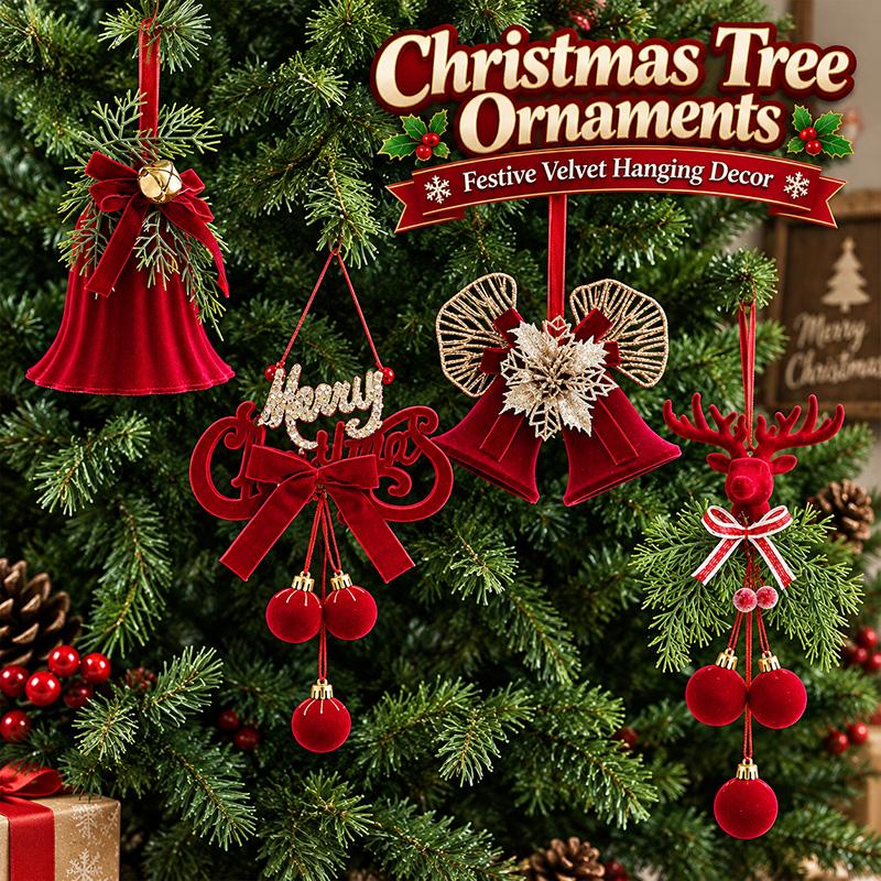 Christmas Tree Hanging Decoration Red Flocked Christmas Bell Xmas Tree Decorative Ornament Xmas New Year Decoration Supplies