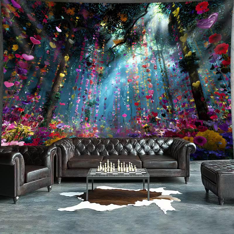 2D Fantasy Enchanted Garden Tapestry Vibrant Floral Forest Background Wall Cloth