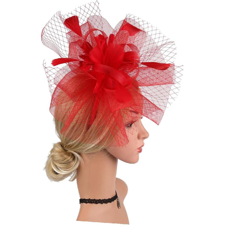 Red Mesh Bridal Fascinator Hat with Hair Clip and Headband, Cocktail Party Tea Party Hat for Women Special Occasion Accessories