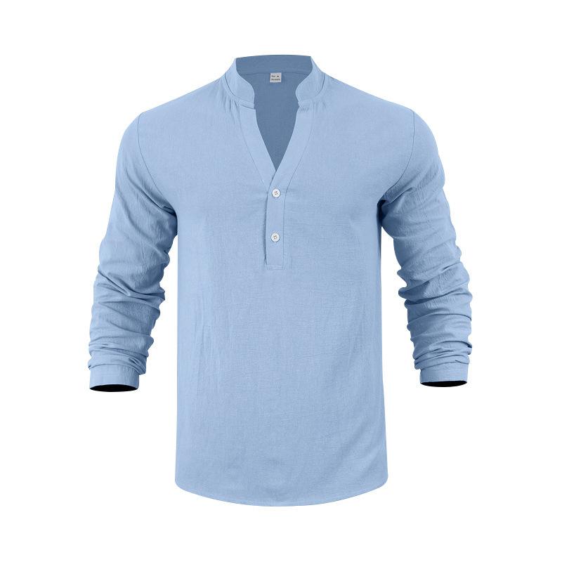 Linen Shirt Stand Collar Button-Up Men's Loose-Fit Casual Breathable V-Neck Henley Long-Sleeved T-Shirt for Men