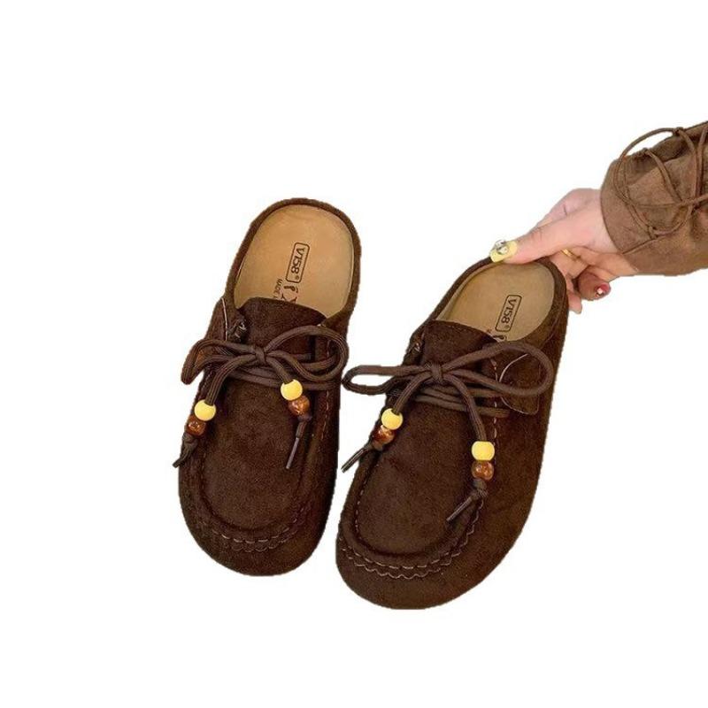 Retro Beaded Baotou Boken Half Slippers Autumn New One-pedal Thick-soled Literary and Versatile Slippers