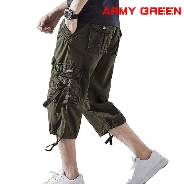 Summer Mens Casual Cargo Short Pants 3/4 Loose Fit Below Knee Capri Cargo Trousers Cotton KTB 29 зелёный