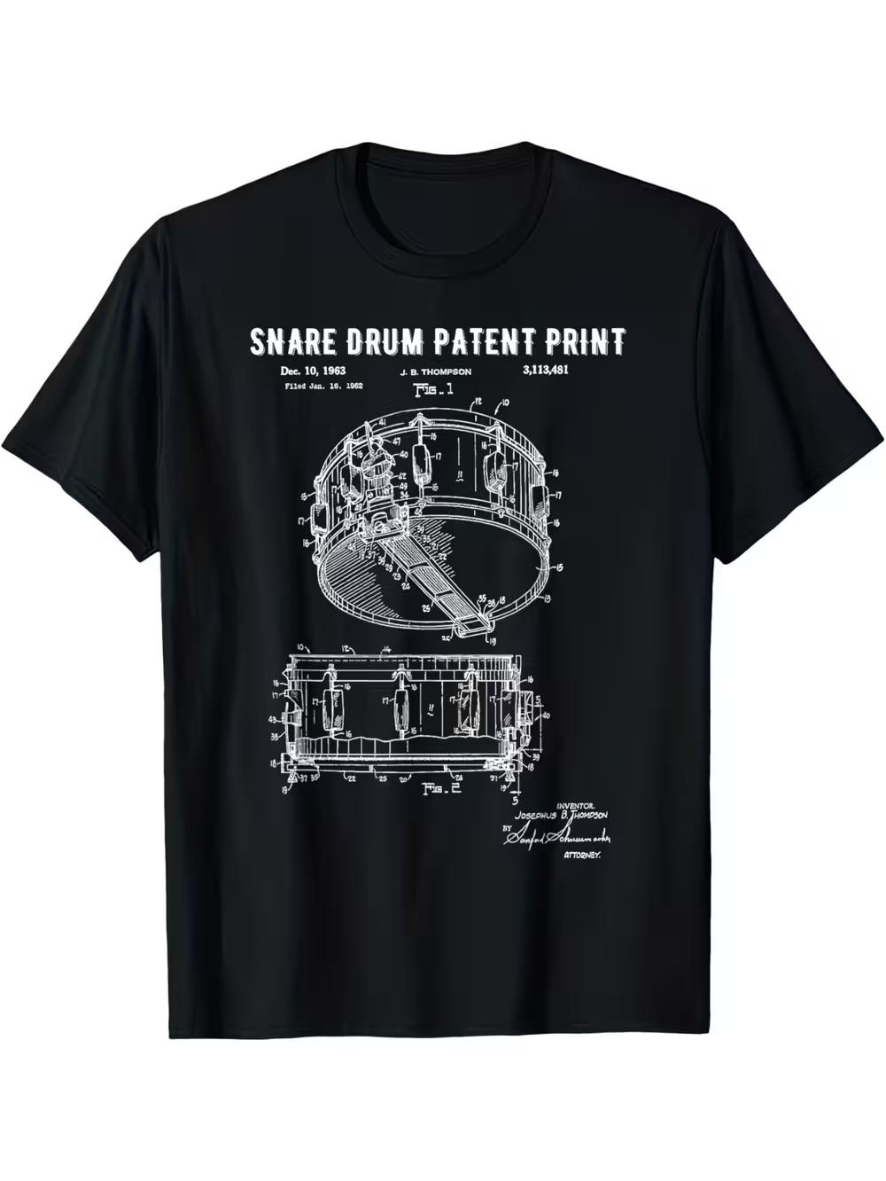 Retro 1963 Snare Drum Patent Artwork T-Shirt - Black Graphic Tee Featuring Intricate Drum Illustration XXXXL