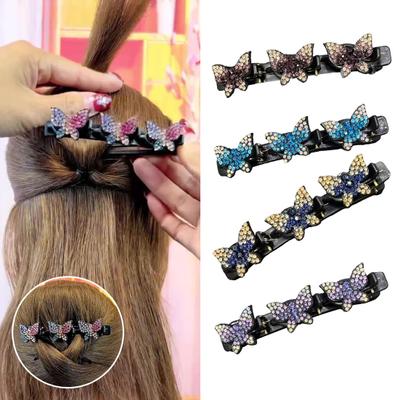 Women Hair Pin Sparkling Rhinestone Braided Hair Clip with Butterfly Decoration Vintage Style Hair Accessories