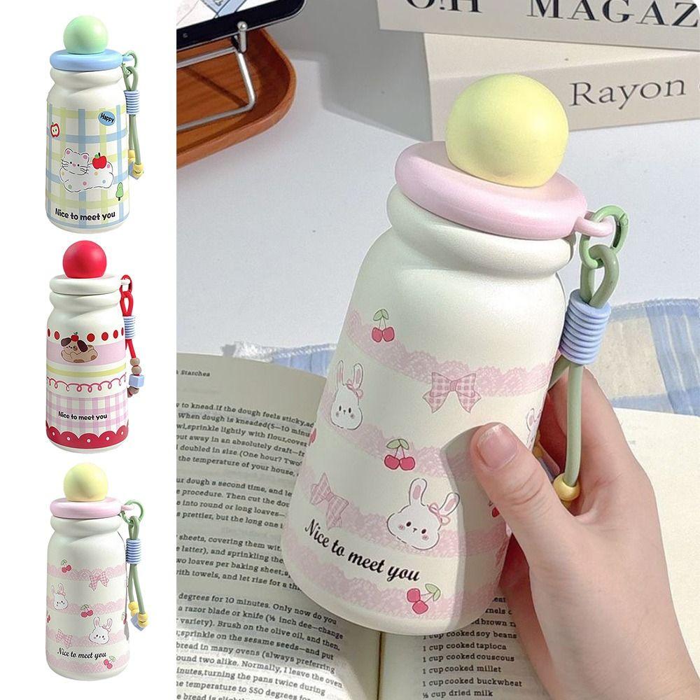 Cute Stainless Steel Insulated Cup 500ml Dustproof Car Water Cups with Lanyard Cartoon Vacuum Straw Cups for Women Girls