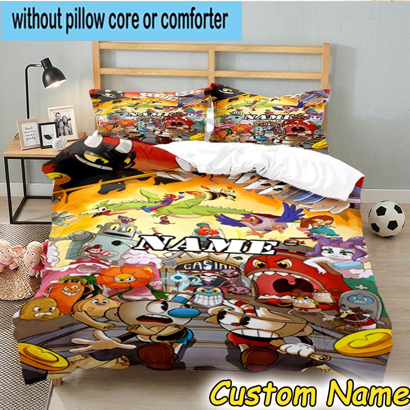 3PCS Custom Name Cup-head Bedding Set, Bedding Set Including 1pc Duvet Cover And 2pcs Pillowcases for Bedroom,Dormitory Gift