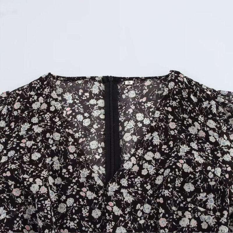 Kaslead New Arrival Women's Fashion Style Fashion Minimalist V Neck Chiffon Small Floral Tight Waist Dress