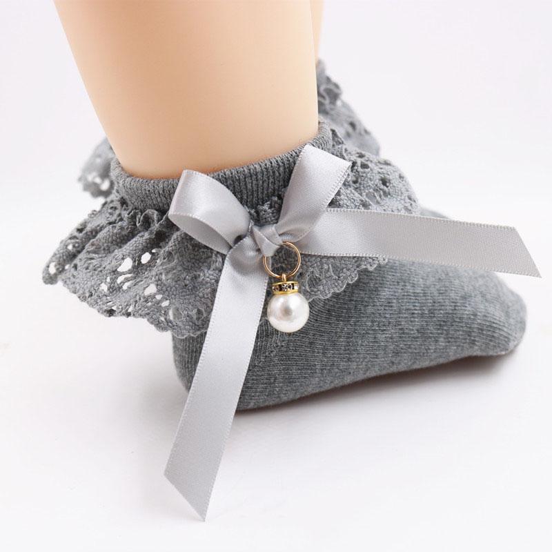 Baby Girl Princess Lace Ruffle Socks Retro Frilly Pearl Bow Socks Sweet Kids Cotton Short Socks