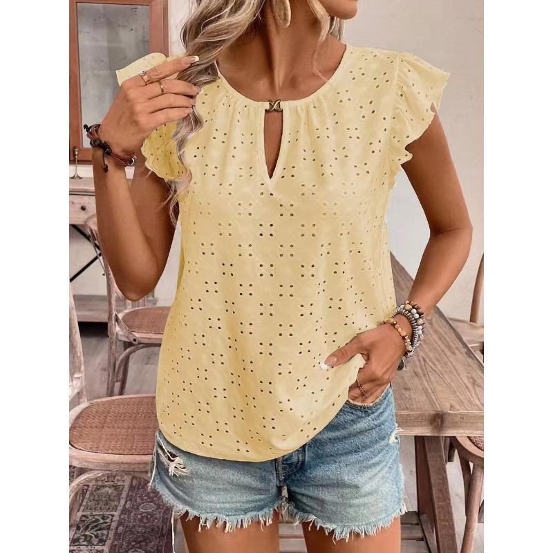 YYFS Damenmode Lässig Frühling Sommer Einfarbig Druck Kurzarm O-Ausschnitt Blusen & Hemden