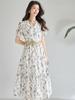 Spring/Summer Floral V-neck A-line Long Dress, 100% Cotton, Puff Sleeves, Women's Waist-cinching Design