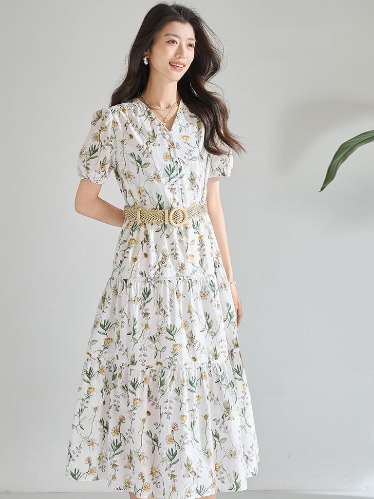 Spring/Summer Floral V-neck A-line Long Dress, 100% Cotton, Puff Sleeves, Women's Waist-cinching Design