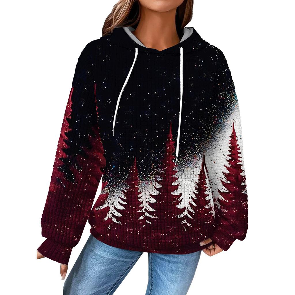 Women's Fashion Loose Hooded Pullover Long Sleeve Plaid Sweatshirt With Drawstring, Drop Shoulder, Pocket, Christmas Print Top