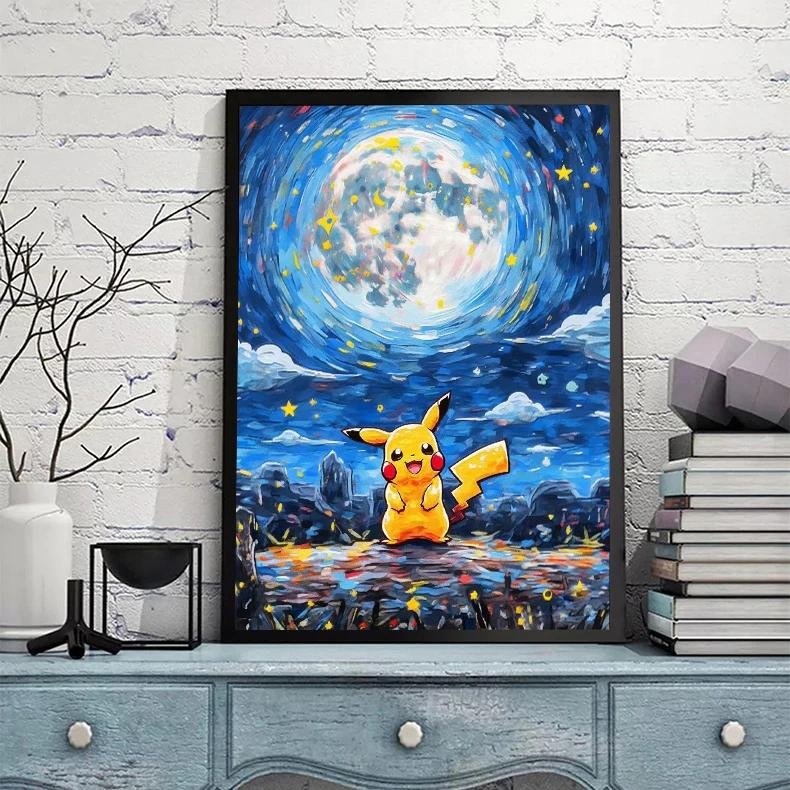 Pokemon Van Gogh Starry Sky Anime Figures Pikachu Watercolor Painting Canvas Posters and Prints Wall Art Picture for Living Room 21X30CMNo Framed