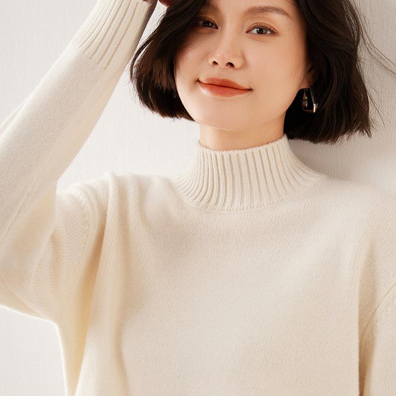 Women's 2025 Fashionable Cashmere Pullover: Long Sleeve, Autumn/Winter, Thick Warm Soft Half-High Collar Loose Knitwear.