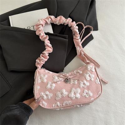 Słodka Kwiecista Żakardowa Torba Księżycowa dla Kobiet Modna Torba Crossbody z Kokardą i Sercem z Plisowanym Paskiem