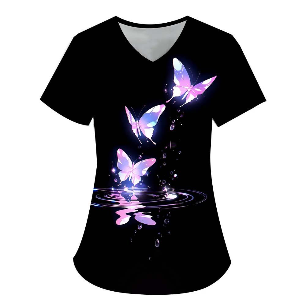 Damen T-Shirt V-Ausschnitt Krankenschwester Uniform Pendeln Schwarze Serie Schmetterlingsdruck Damen T-Shirt