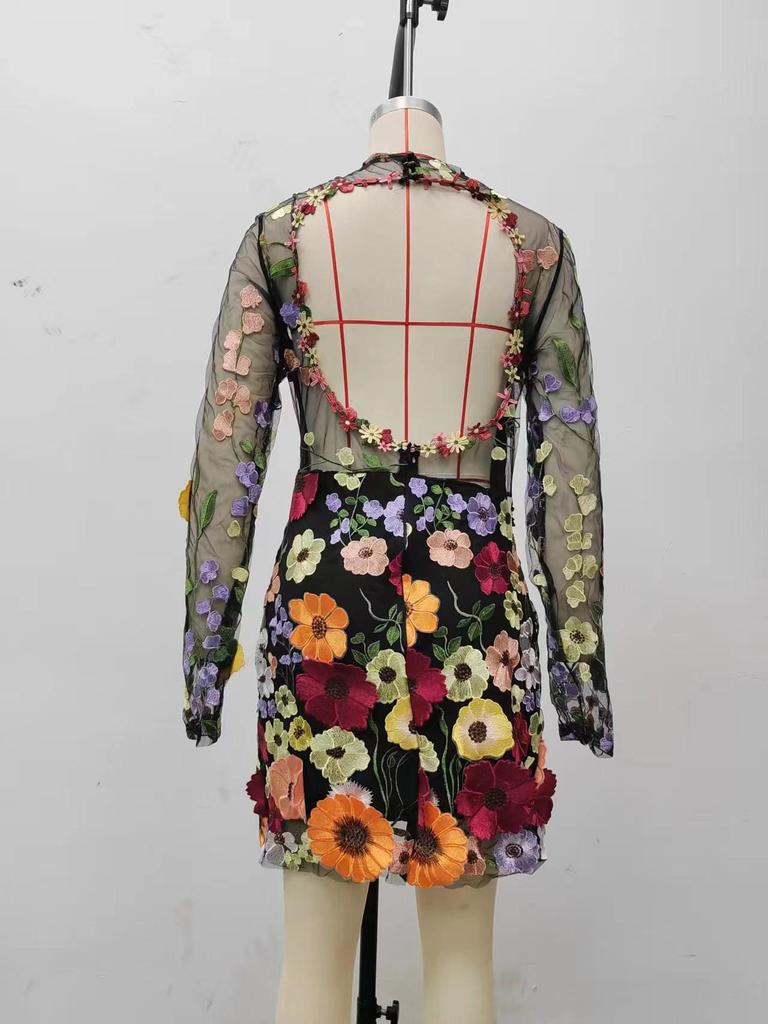 European and American 3D Floral Mesh Lace Embroidery Slimming Dress 2025
