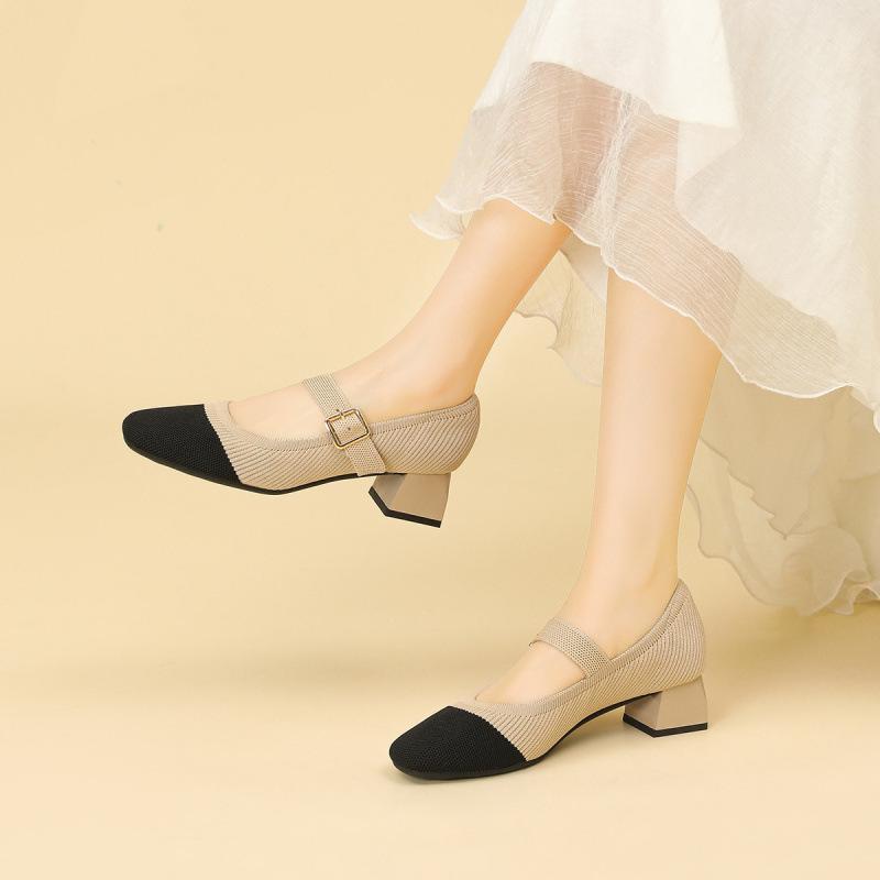 

New medium heel one-word mixed belt fly-woven Mary Jane single shoes woven shoes thick heel single shoes women 40