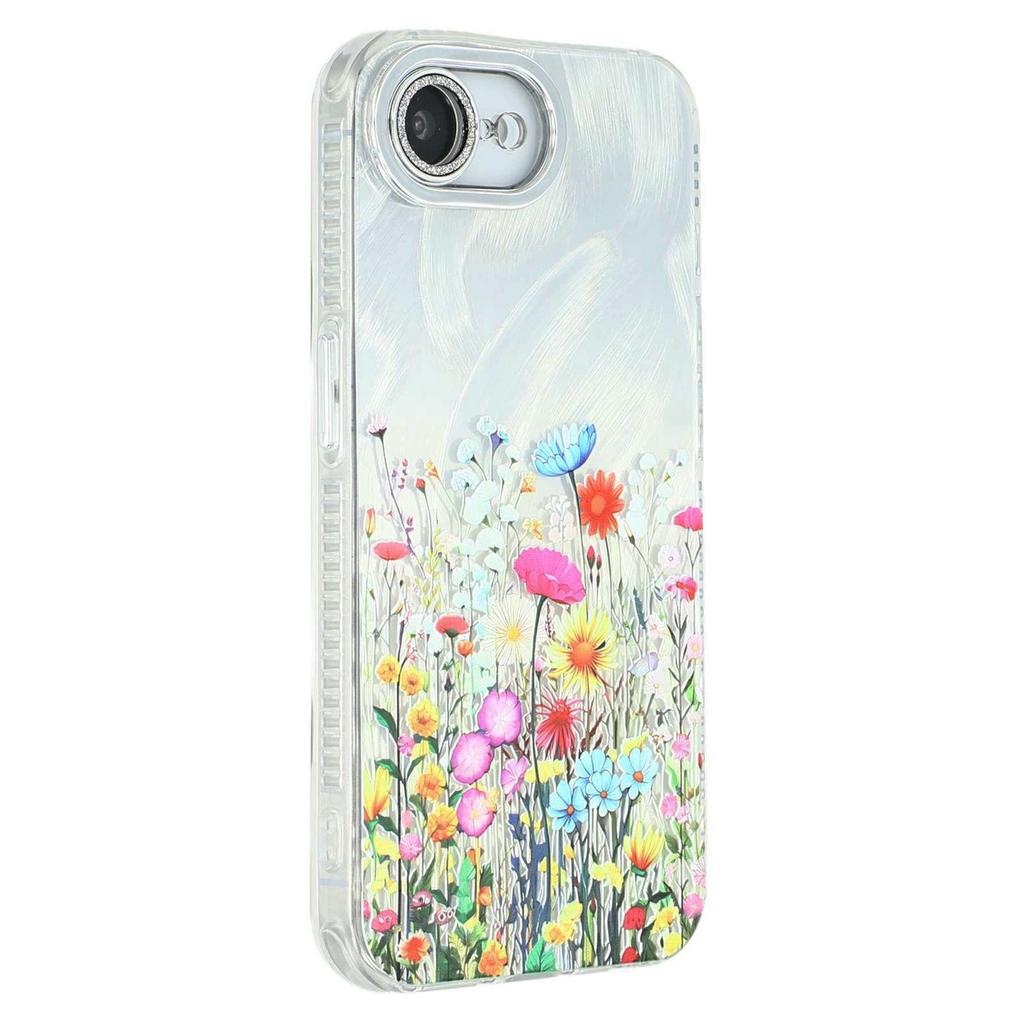 Für iPhone 16e Hülle Galvanisiertes Blumenmuster IMD TPU+PC Handy-Rückseite mit Glaslinsenfolie
