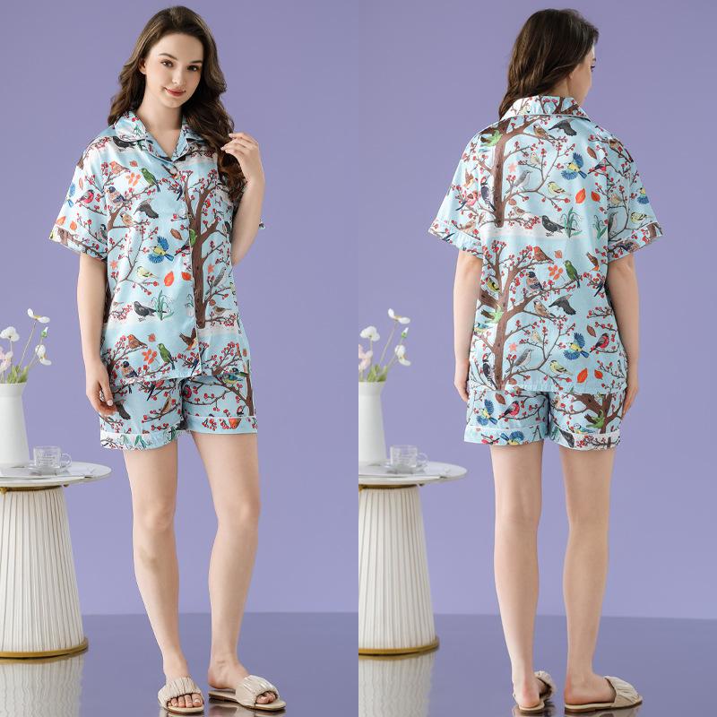 Summer Pastoral Bird Ice Silk Pajamas Women'S Short-Sleeved High-End Loungewear Can Be Worn Outside The Suit