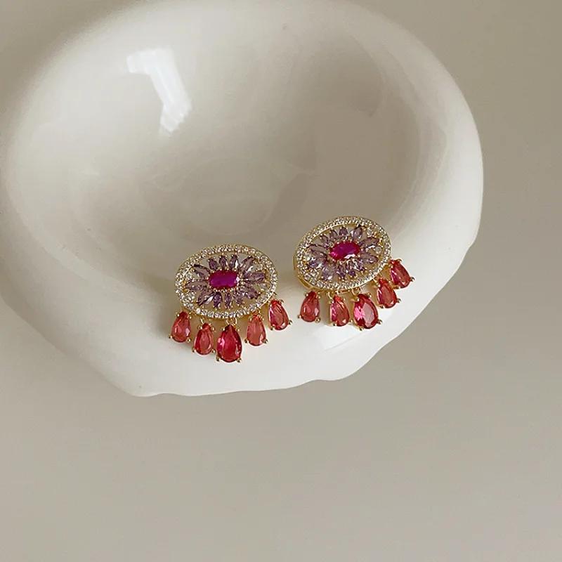 Women Colorful CZ Round Hollow Tassel Drop Earrings Fashion Statement Jewelry