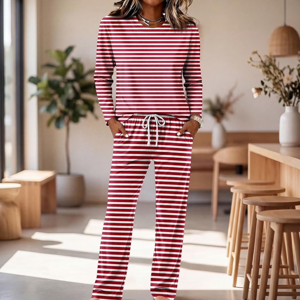 Women's Round Neck Long Sleeve Pajama Set with Drawstring Wide Leg Pants for Sleepwear Loungewear
