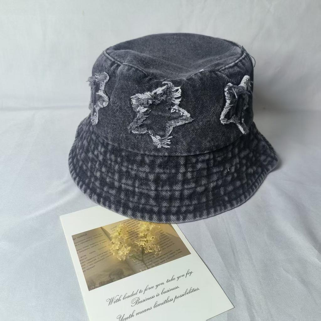 New Five Pointed Star Patch Denim Fisherman Hat For Women, Sweet Retro Street Versatile Bucket Hat
