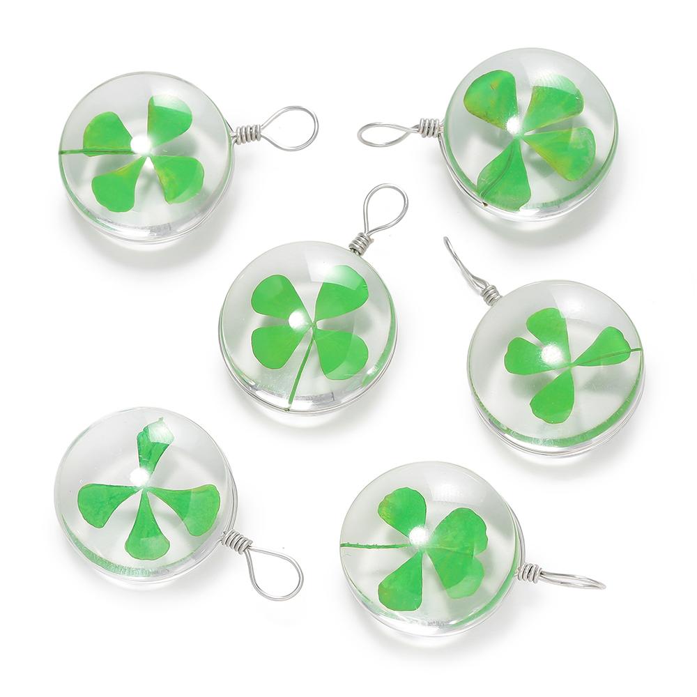 5pcs Green Lucky Four Leaf Clover Pendant Handmade Glass Dry Flower Four Leaf Clover Ornament DIY Necklace Craft Jewelry Making