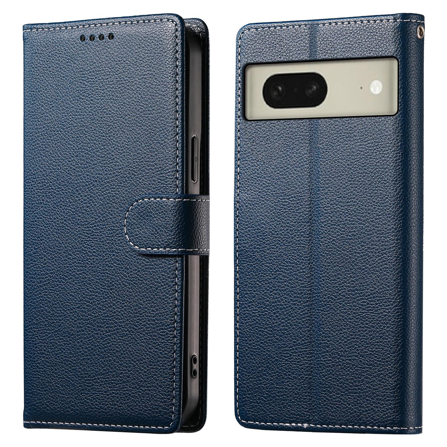 

For Google Pixel 8 Case Litchi Texture Leather Wallet Phone Cover Magnetic Snap Dark Blue
