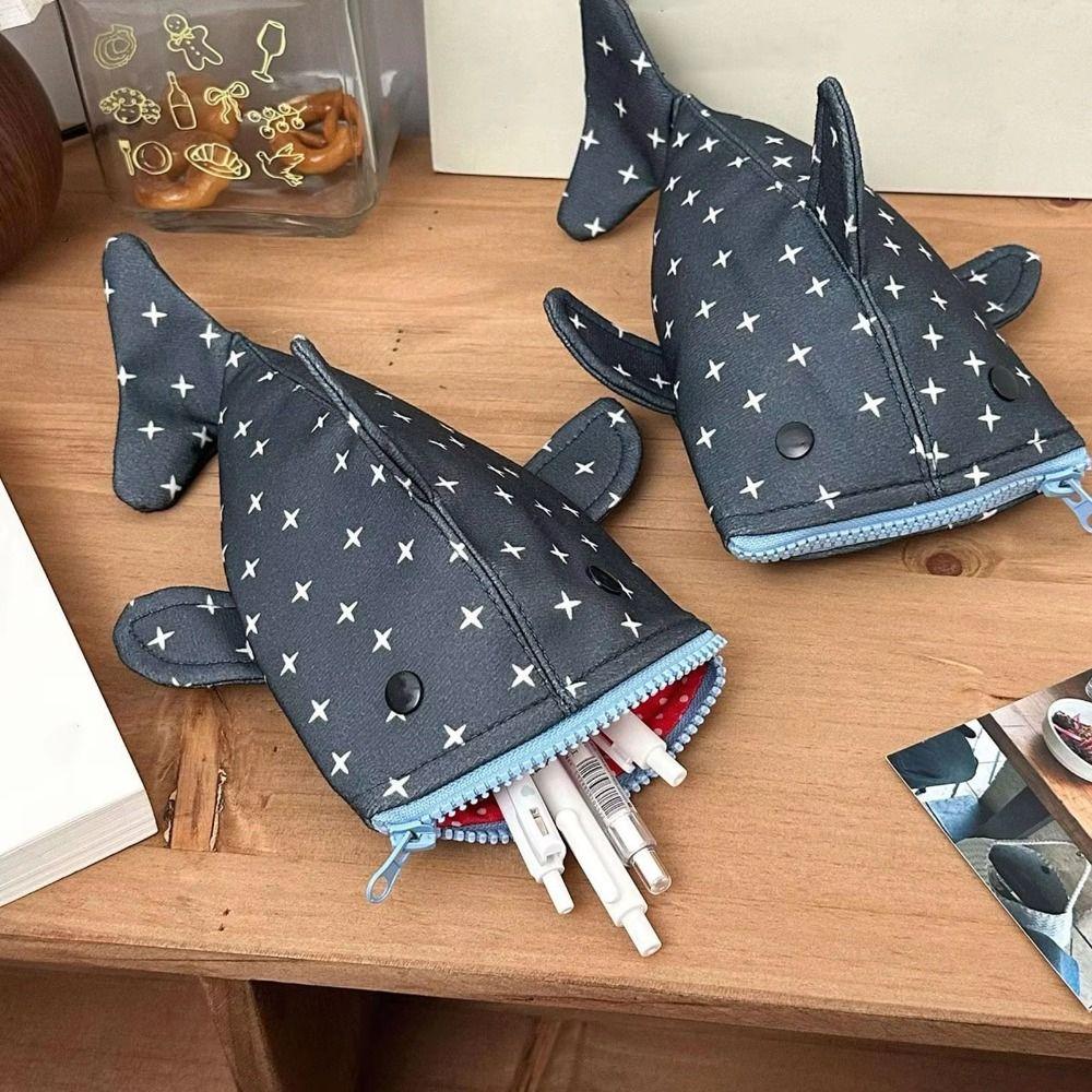 Large Capacity Shark Pencil Case Kawaii Pencil Holder Storage Bag Animal Stationery Pouch Office
