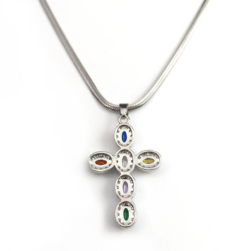 Multi Color Crystal Zircon Cross Necklace for Women Stainless Steel Silver Color Charm Religious Necklaces Jewelry GiftHH42-5