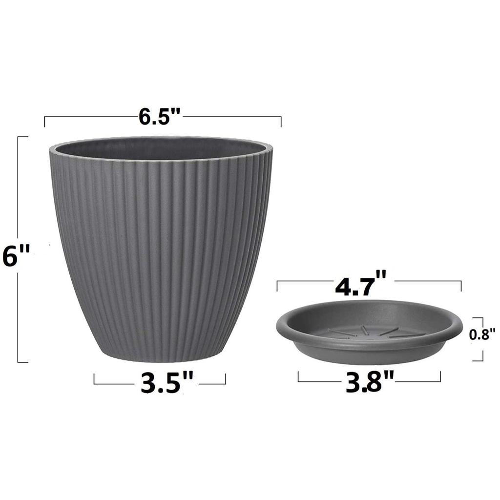 Plastic Round Flower Pots with Tray for Home Planters, Terrace, Garden Etc | Pack of 05 | Dark Grey | Size 6.5 Inch | for Home Indoor & Outdoor