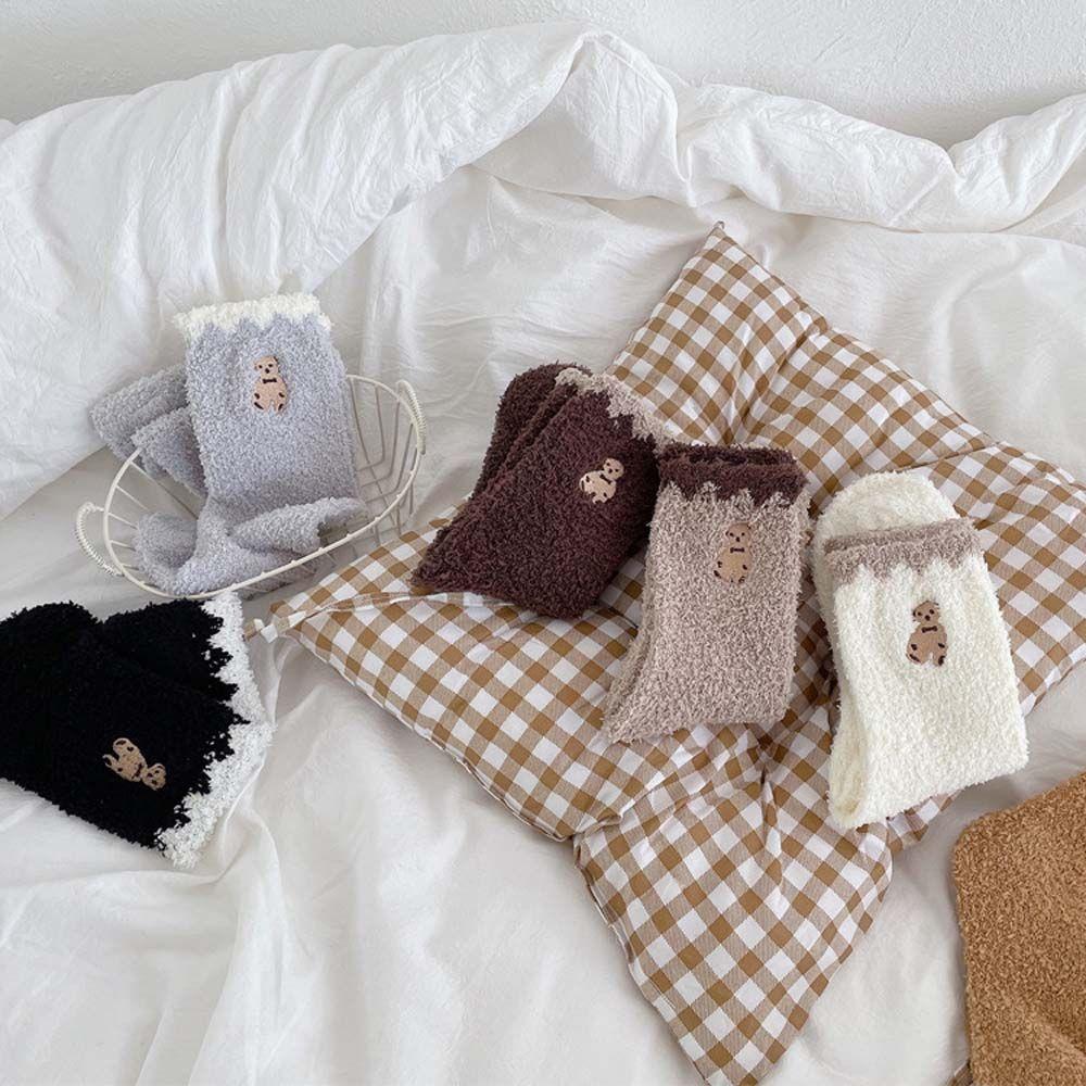 Solid Color Embroidery Bear Girls Mid-tube Socks Female Hosiery Coral Fleece Socks Cute Floor Socks