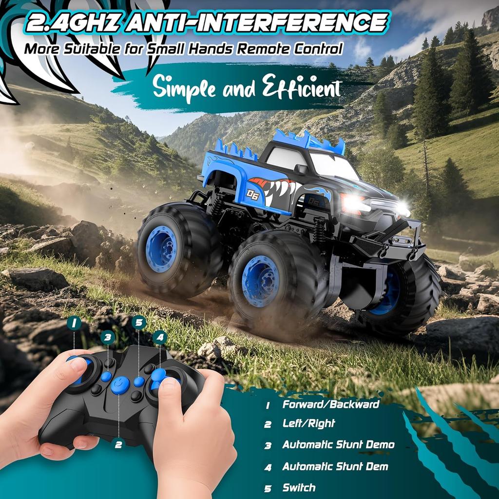 Remote Control Car, 1:24 Scale All Terrain Monster Tuck Toys with Upright Driving and 360° Rotation, Remote Control Tuck with 20km/h, Auto Demo and