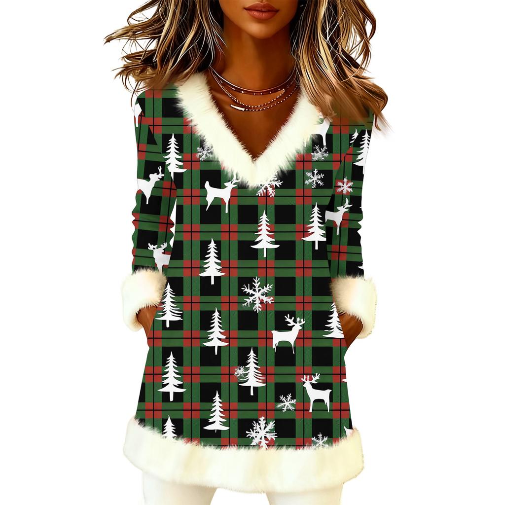 Women's Christmas Fashion Plush V-Neck Pullover Printed Long-Sleeved Top