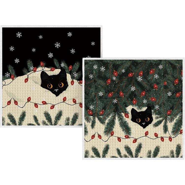 Artoid Mode Black Cat Pine Branch Lamp Winter Kitchen Towels, 18x26 Inch Quick Dry Microfiber Cloth Dish Towels for Kitchen Drying Set of 2 12  x 12 , Microfiber чёрный