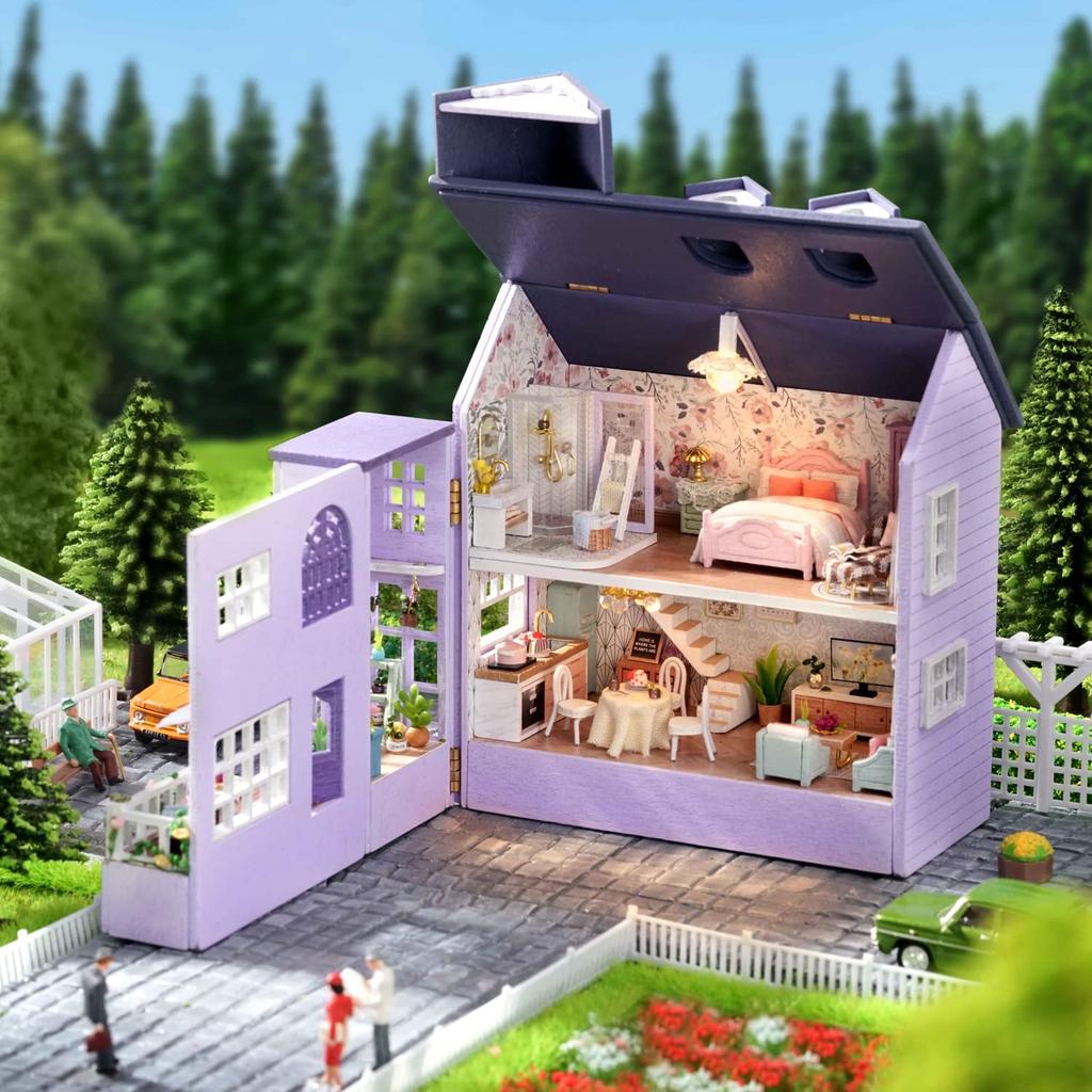 CUTEROOM Wooden Dollhouse Kit, DIY Miniature House, Easy To Assemble, Handmade Kit for Kids with LED Lights (D032)
