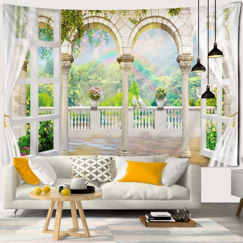 Scenery Outside the Window Tapestry Wall Hanging Sandy Beach Picnic Rug Camping Landscape Tapestries Pad Home Decor Wall Cloth