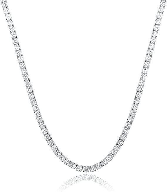 18K White Gold Plated Zirconia Tennis Necklace Choker, 4-Prong, Size Options: 2mm-6mm, Fashion Trend Bestseller