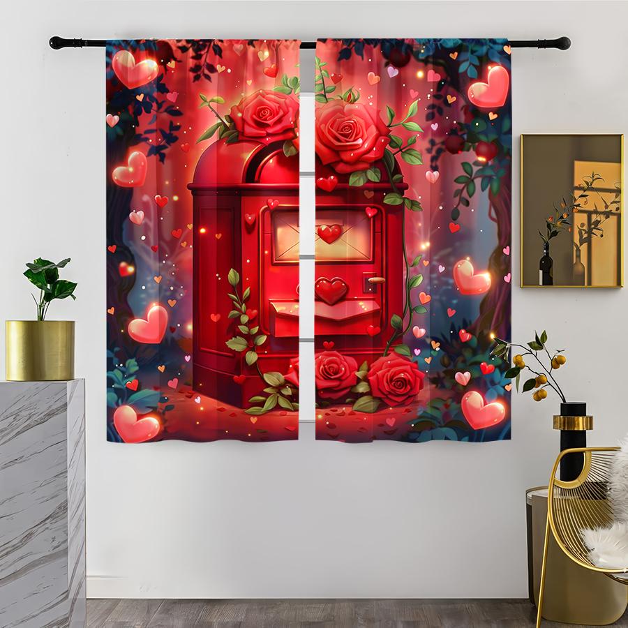

Red Toned Love Mailbox Romantic Curtains Warm Confession Style Bedroom Living Room Drawbar Pocket Curtain Set Of 2 Made Polyester Washable Ready W100*H70(CM)-Grommet top&1PCS