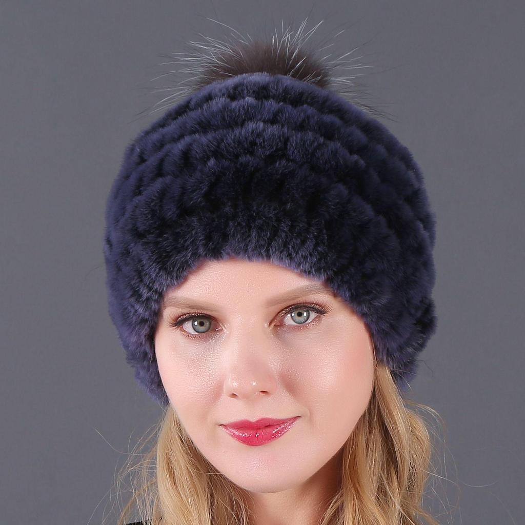 Women's Fur Hat with Rex Rabbit and Fox Fur Pompon for Autumn and Winter