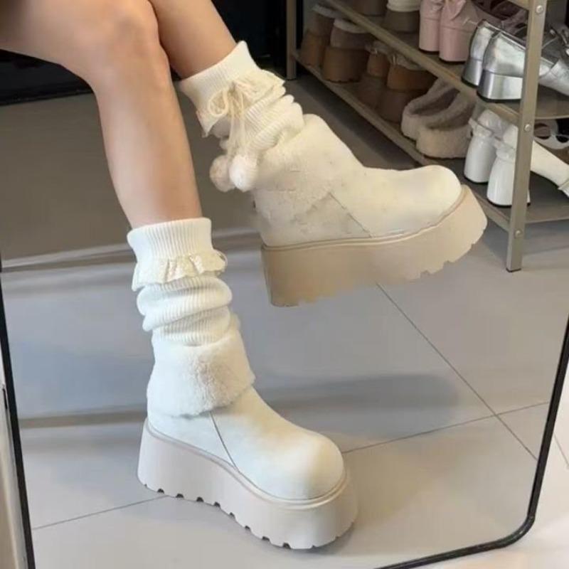 White Heightening Velvet Thickened Thick-soled Snow Boots Women's New Winter Warm and Non-slip Cotton Shoes