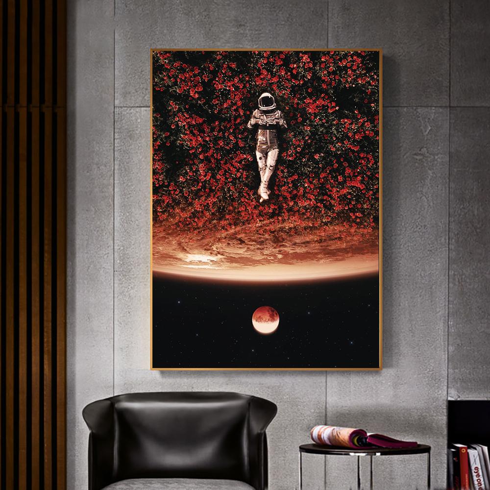 Astronaut Flower Field Painting Canvas Print Wall Art Poster Flourishing of Life Picture for Gift Living Room Home Decor Cuadros