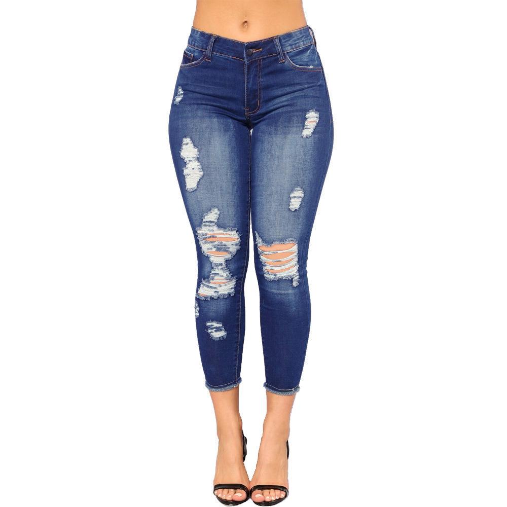 

Women s European Style Wide-Leg Ripped Denim Pants (2022) S темно-синього кольору