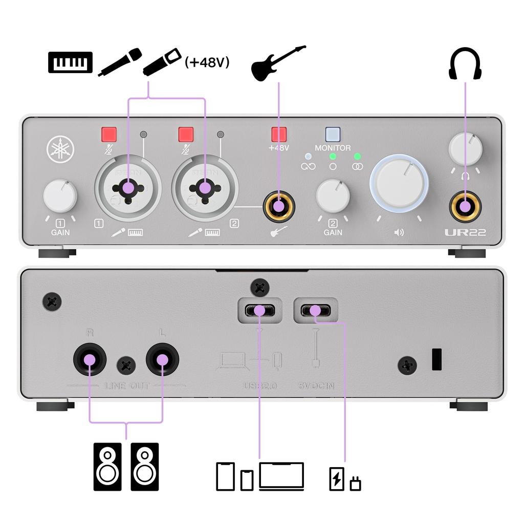 YAMAHA UR22MK3 W USB Audio Loopback for Music and White 2.0 Interface, 24-bit/192kHz, 2-in/2-out, Function, Production, Recording, Streaming,