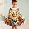 Girls High Neck Long Sleeve Halloween Hedgehog Printed Fluffy Trim Tie Waist A Line Flared Dress