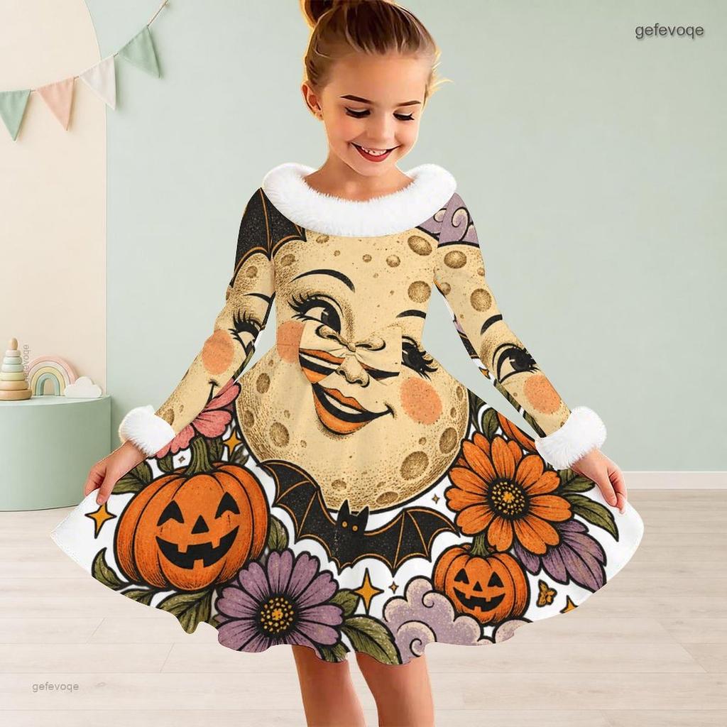Girls High Neck Long Sleeve Halloween Hedgehog Printed Fluffy Trim Tie Waist A Line Flared Dress